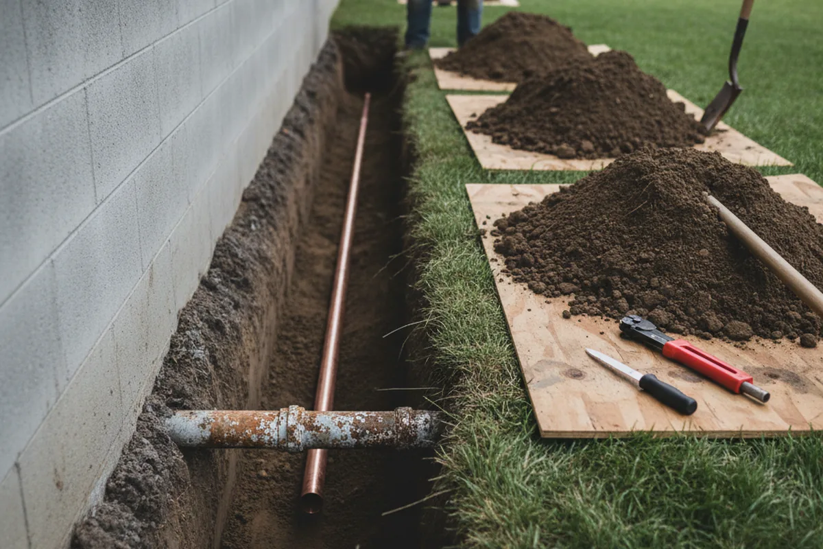 Excavated water line trench during Water Softener Installation in Fords